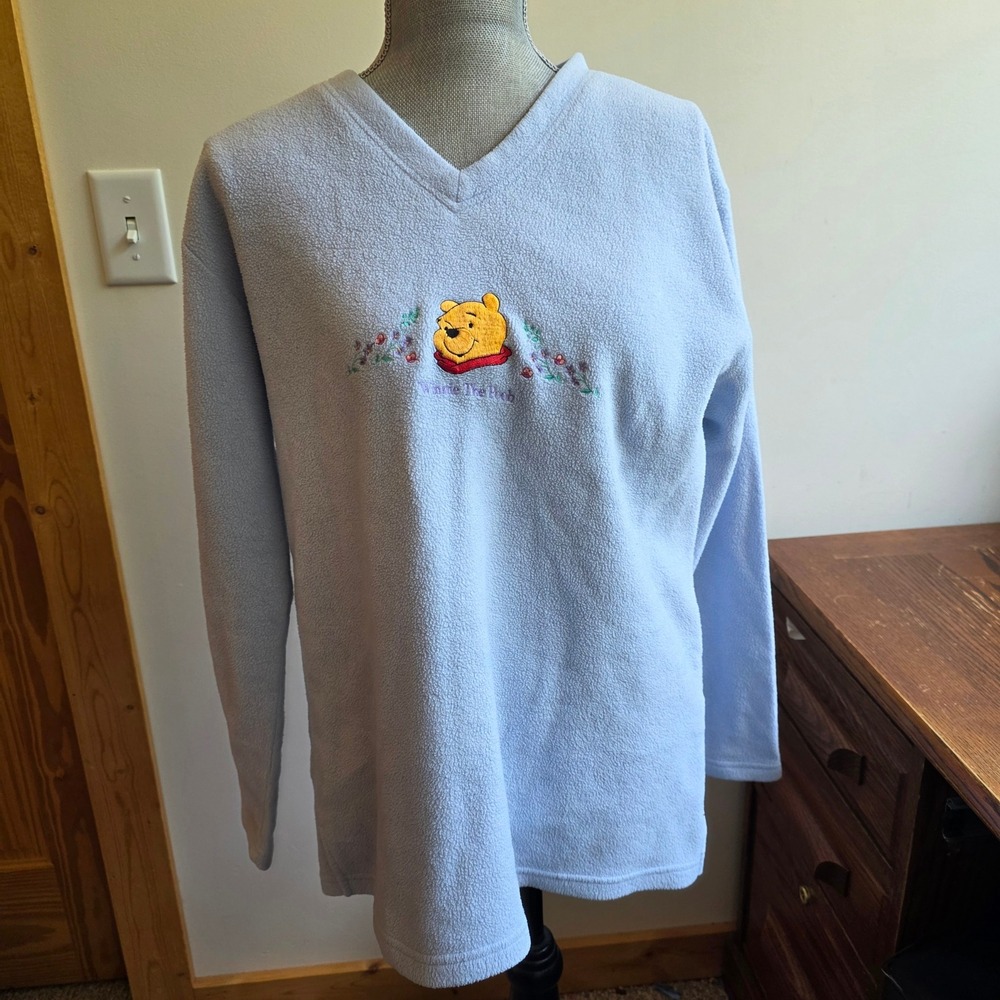 Vintage Y2K 90s Disney Winnie the Pooh Fleece Pullover V-Neck Blue Embroidered L
